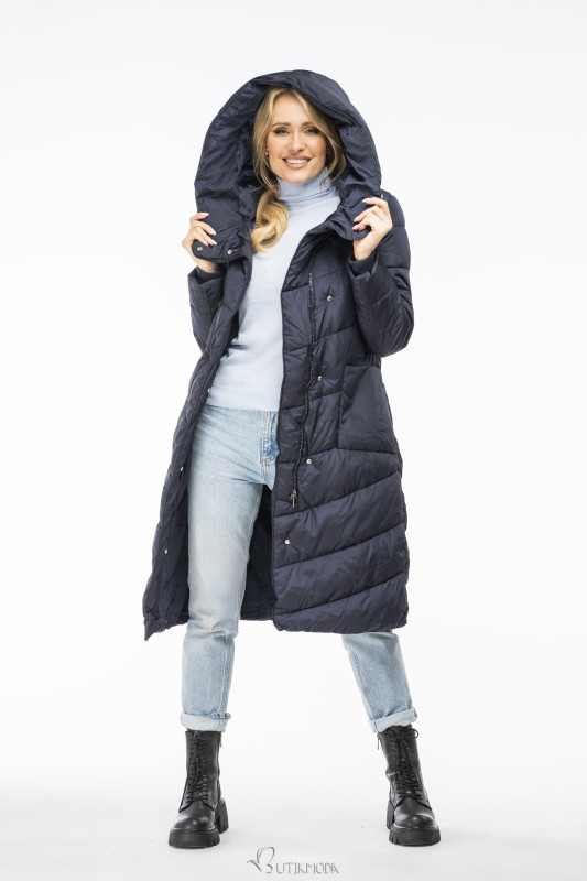 Dark blue winter jacket with a high collar