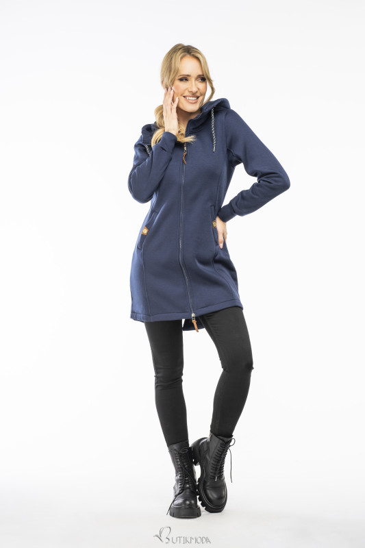 Dark blue elongated hoodie with quilted details