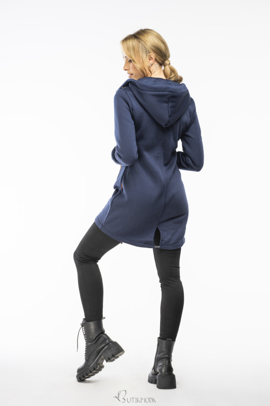 Dark blue elongated hoodie with quilted details