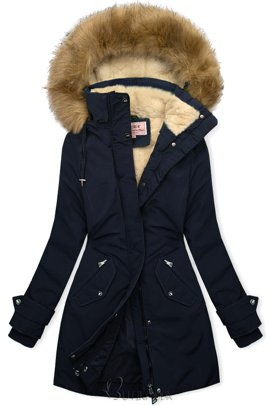 Long parka with faux fur navy/beige