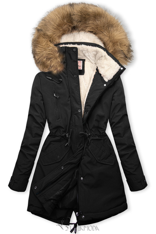 Black parka for winter with ecru faux fur lining