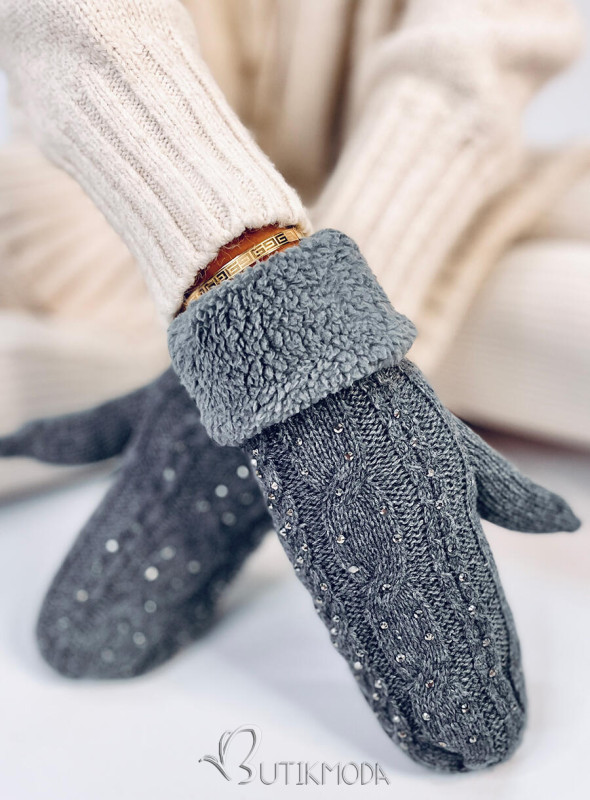 Decorated women's gloves-mittens dark grey