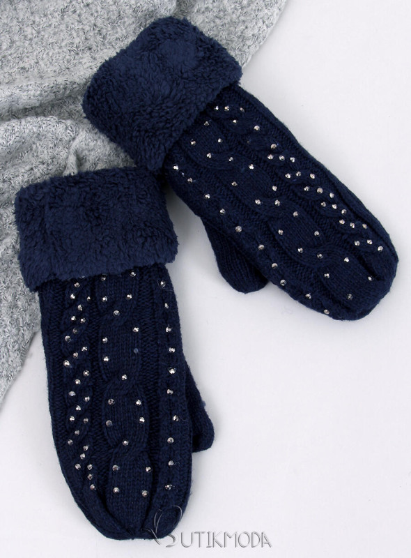 Decorated women's gloves-mittens dark blue