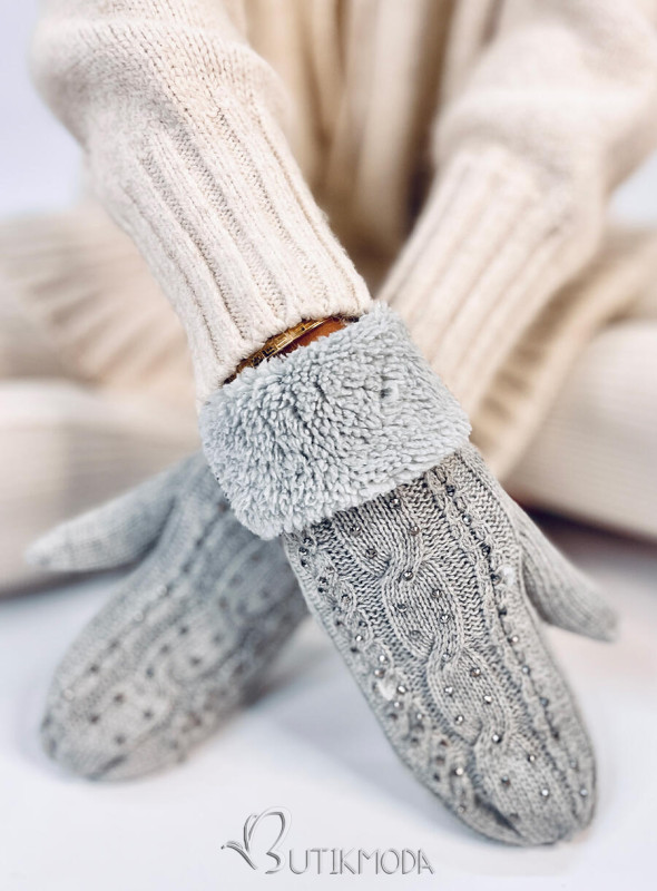 Decorated women's light grey gloves-mittens