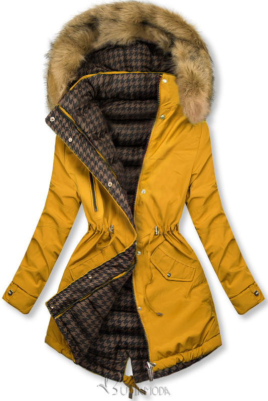 Yellow reversible winter parka with faux fur trim