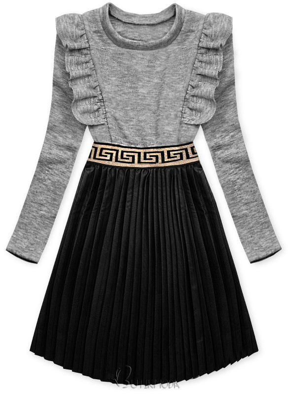 Grey dress with leather pleated skirt