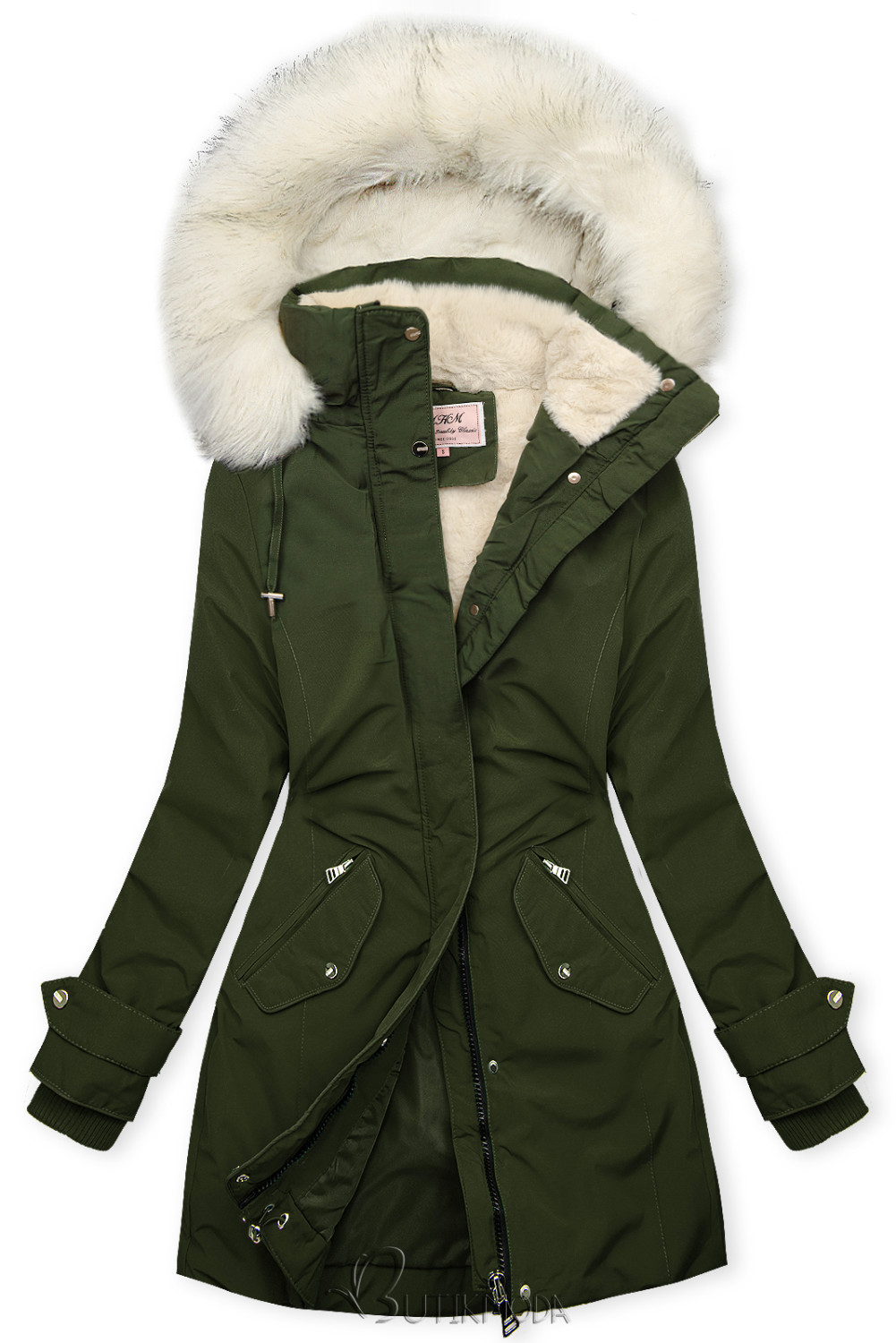 Long parka with faux fur dark green/white