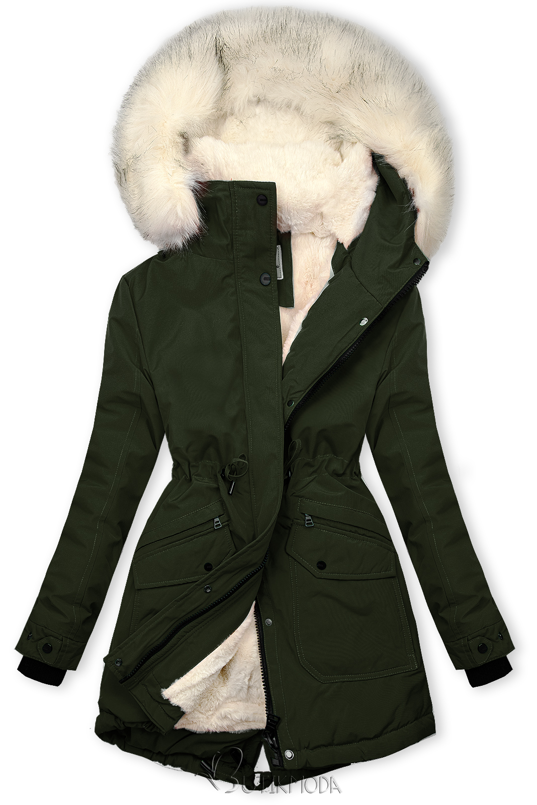 Khaki parka with ecru warm lining