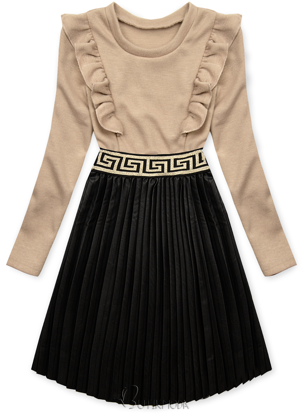 Beige dress with leather pleated skirt