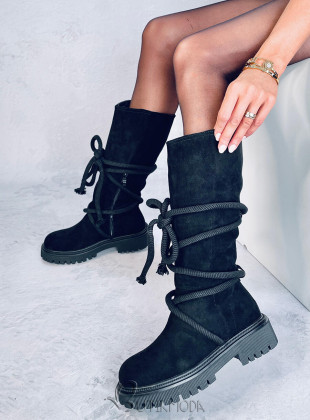 Black suede boots with laces