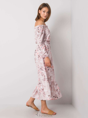 RUE PARIS Pink Floral Maxi Dress with Off-Shoulder Cut