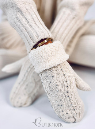 Decorated women's gloves-mittens ecru
