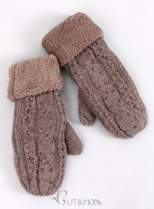 Decorated women's gloves-mittens mocca