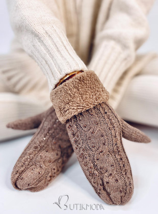 Decorated women's gloves-mittens mocca