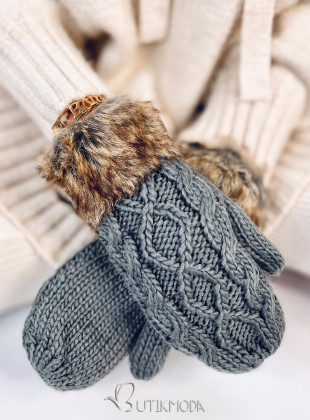 Dark grey mittens with knitted pattern