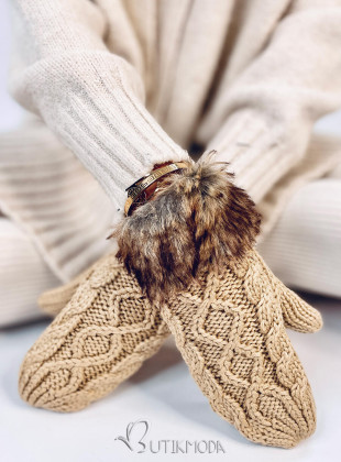 Beige mittens with knitted pattern