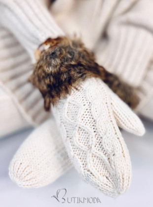 Ecru mittens with knitted pattern
