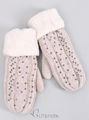 Decorated women's light beige gloves-mittens