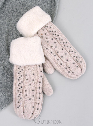 Decorated women's light beige gloves-mittens