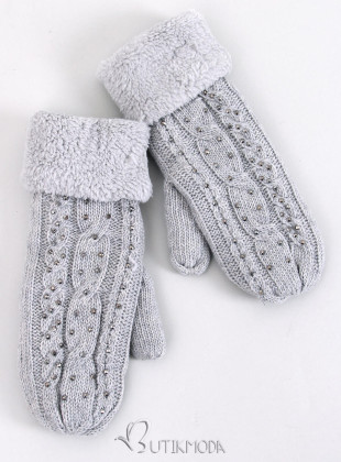 Decorated women's light grey gloves-mittens