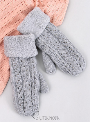 Decorated women's light grey gloves-mittens