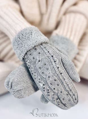 Decorated women's light grey gloves-mittens