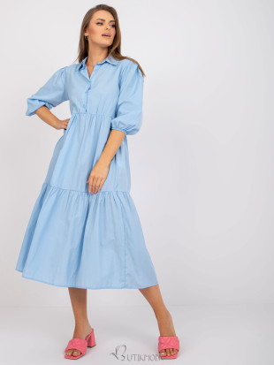 Flared Blue Dress with 3/4 Sleeves