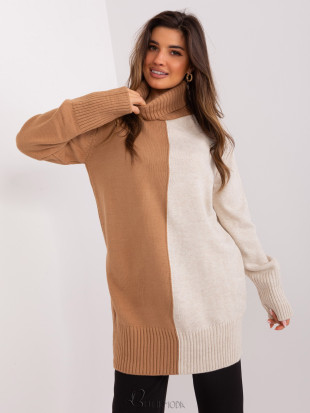 Camel and Beige Two-Tone Sweater with Turtleneck