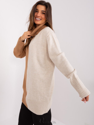 Camel and Beige Two-Tone Sweater with Turtleneck