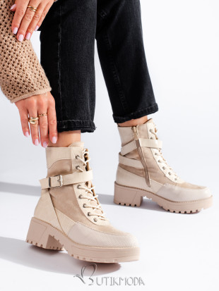 Beige ankle boots with lacing and zip