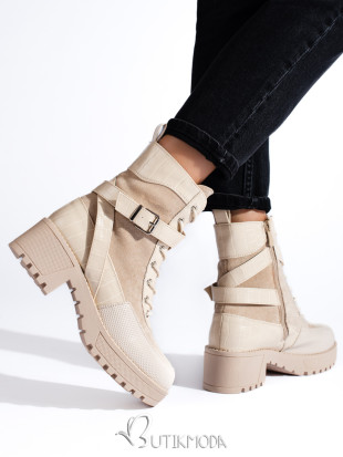 Beige ankle boots with lacing and zip