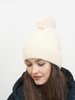 Winter knitted cap in ecru colour