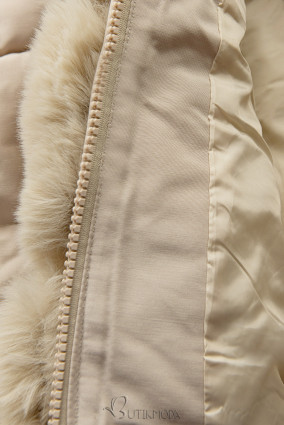 Beige winter jacket with belt and fur
