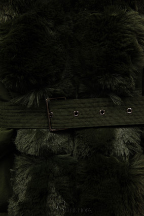 Dark green winter jacket with belt and fur