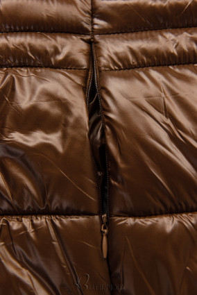 Chocolate brown shiny quilted jacket with a hood