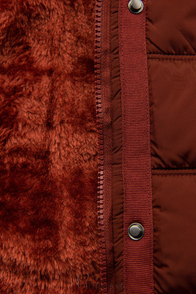 Brick brown winter jacket with plush and faux fur