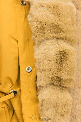 Mustard-beige parka jacket with faux fur lining