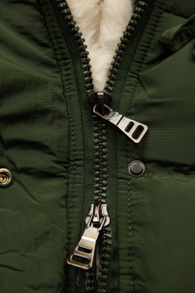 Khaki/beige quilted winter jacket with the pulling at the waist