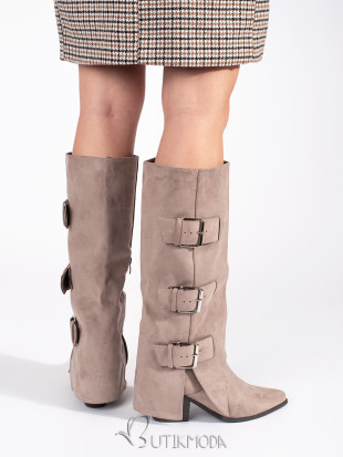 Beige Suede Knee-High Block Heel Boots with Buckles