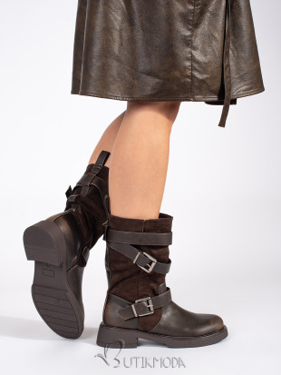 Brown Women's Ankle Boots with Low Heel and Buckles