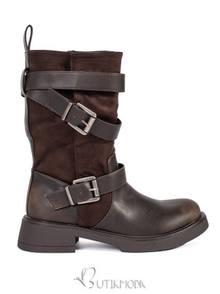 Brown Women's Ankle Boots with Low Heel and Buckles