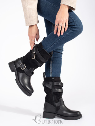 Black Women's Ankle Boots with Low Heel and Buckles