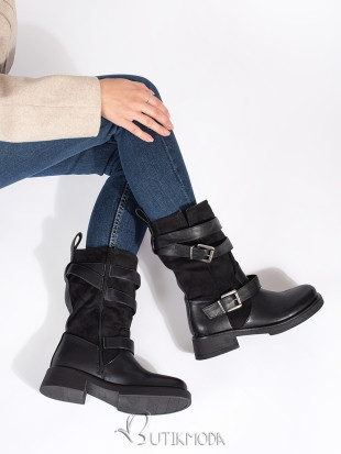 Black Women's Ankle Boots with Low Heel and Buckles