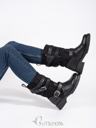 Black Women's Ankle Boots with Low Heel and Buckles