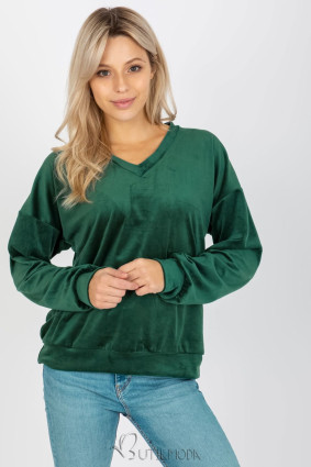 Women's Velour Sweatshirt with V-Neck in Dark Green