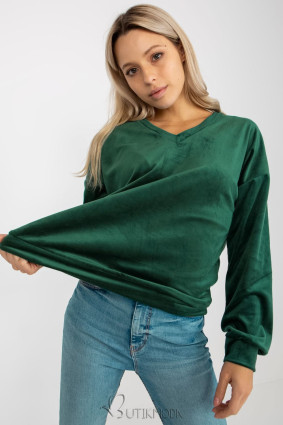 Women's Velour Sweatshirt with V-Neck in Dark Green