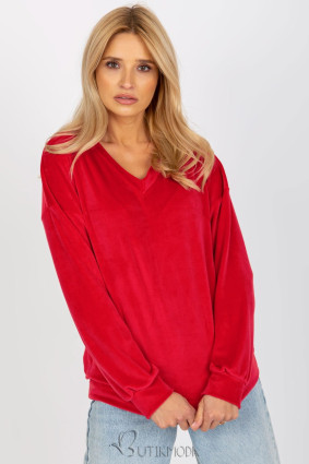 Red Velour Sweatshirt with V-Neck