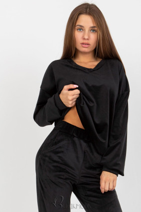 Elegant Black Velour Pullover with V-Neck