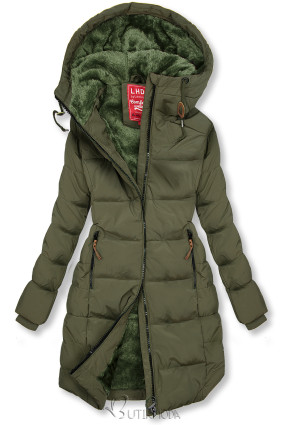 Khaki winter quilted jacket with hood