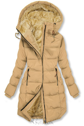 Sandy brown winter quilted jacket with hood